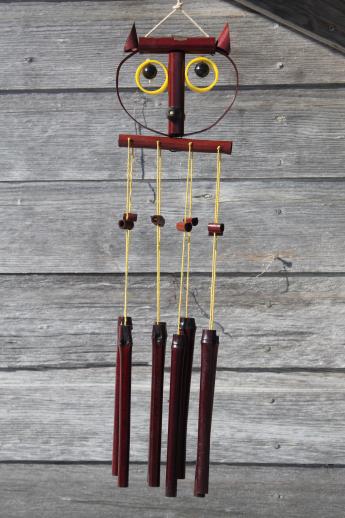 70s vintage bamboo wind chimes, retro owl windchime in original package