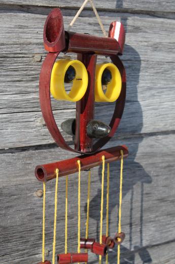 70s vintage bamboo wind chimes, retro owl windchime in original package