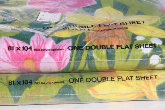 70s vintage bedding, retro lime green & pink flowered print fabric, new in package bed sheets