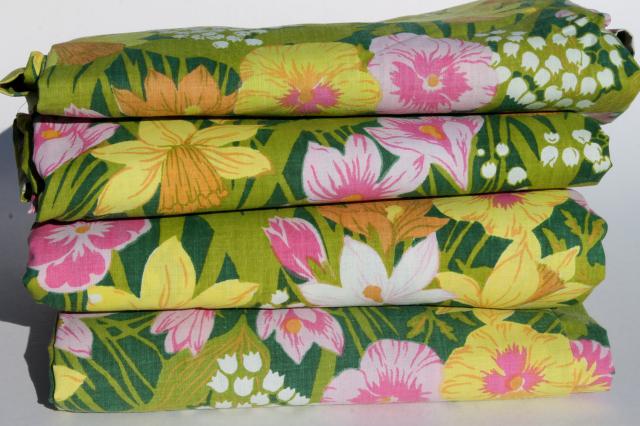 70s vintage bedding, retro lime green & pink flowered print fabric, new in package bed sheets