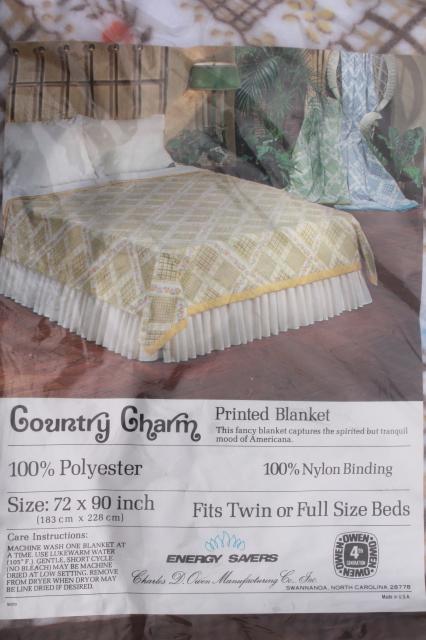 70s vintage blanket w/ retro country charm calico patchwork quilt print, new in package