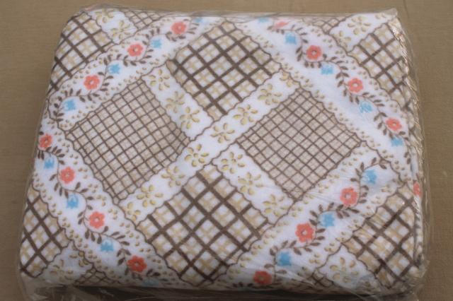 70s vintage blanket w/ retro country charm calico patchwork quilt print, new in package