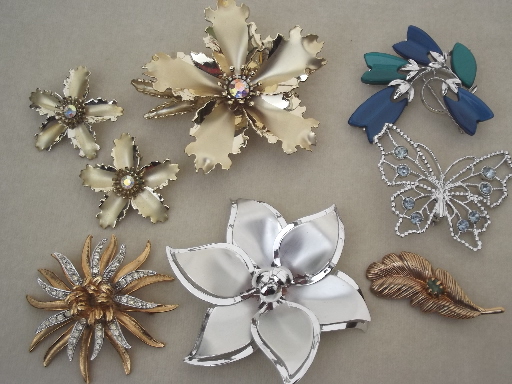70s vintage butterfly & flower pins collection, costume jewelry lot