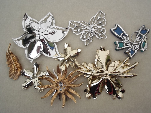 70s vintage butterfly & flower pins collection, costume jewelry lot