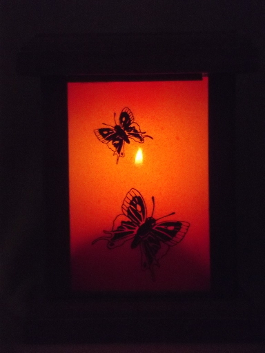 70s vintage candle lamp, rustic wood w/ retro sunset butterfly silhouette
