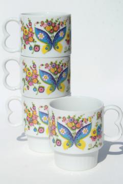 70s vintage ceramic coffee mugs, retro hippie butterflies & daisies print