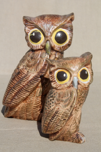 70s vintage ceramic owl figurines, retro big-eyed owls - mother & baby owlet