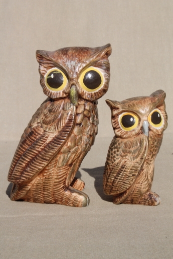 70s vintage ceramic owl figurines, retro big-eyed owls - mother & baby owlet