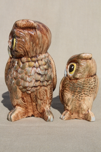 70s vintage ceramic owl figurines, retro big-eyed owls - mother & baby owlet