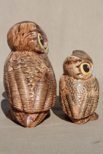 70s vintage ceramic owl figurines, retro big-eyed owls - mother & baby owlet