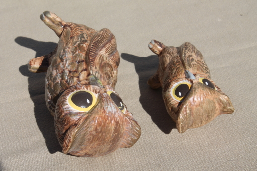 70s vintage ceramic owl figurines, retro big-eyed owls - mother & baby owlet