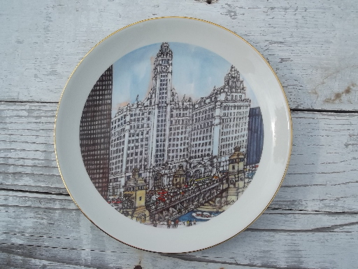 70s vintage Chicago collector's plate, Wrigley building Michigan Avenue