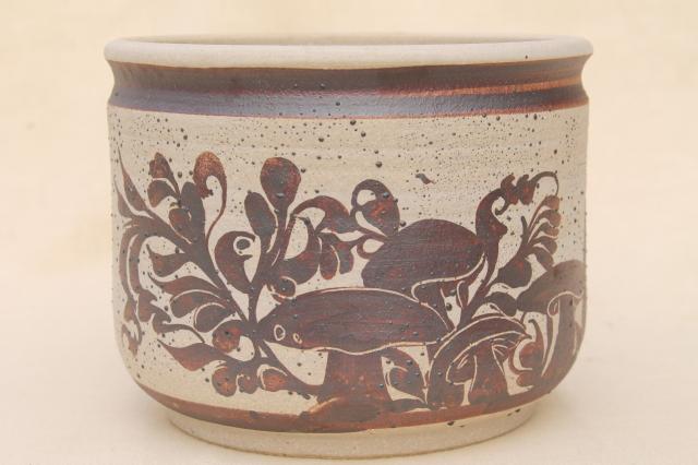 70s vintage clay pot planters, rustic studio pottery w/ earth tone trees & mushrooms