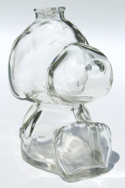 70s vintage clear glass Snoopy dog piggy bank, Peanuts coin savings bank