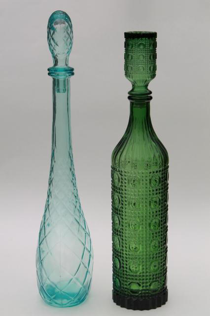 70s vintage colored glass decanters, tall mod genie bottles in blue & green pressed glass
