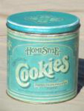 70s vintage cookie jar canister, Ballonoff Pentron Cookies print tin