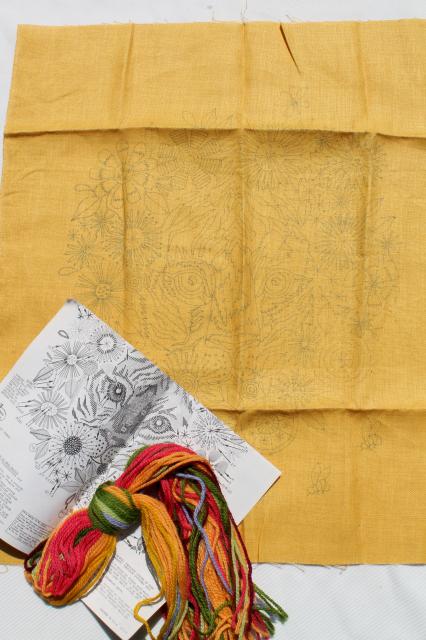 70s vintage crewel work embroidery kit, flower power jungle tiger, mod safari style design