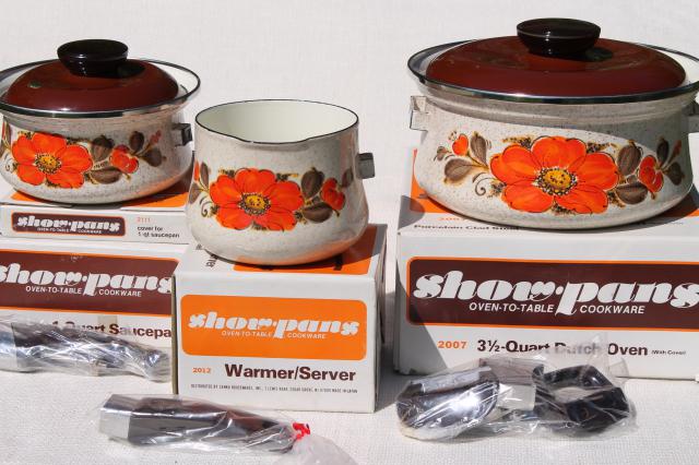 70s vintage enameled steel cookware, Show Pans w/ retro orange flowers, mint in box set