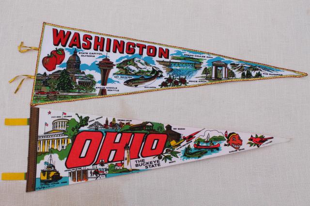 70s vintage felt pennants, wall hanging state souvenir pennant collection