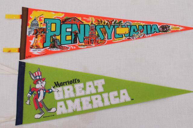 70s vintage felt pennants, wall hanging state souvenir pennant collection