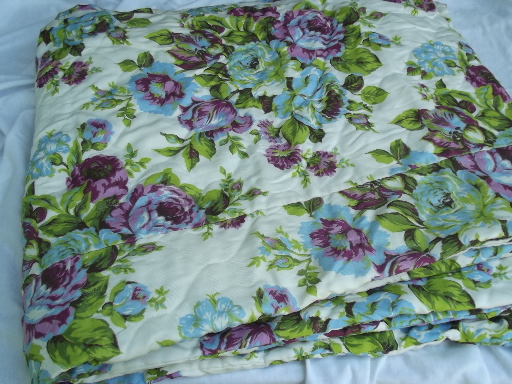 70s vintage floral print bedspread and curtains, retro blue and purple flowers