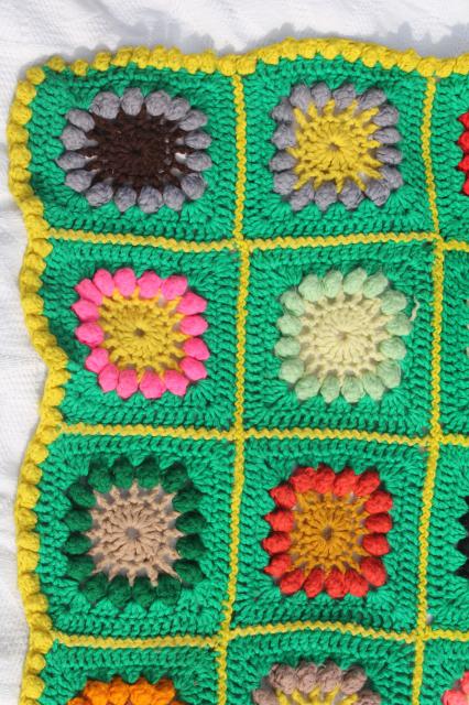 70s vintage granny square afghan blanket, boho hippie bedspread bright retro colors