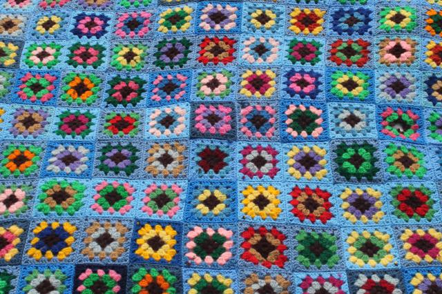 70s vintage granny square crochet afghan blanket, bohemian style w/ riot of different colors!