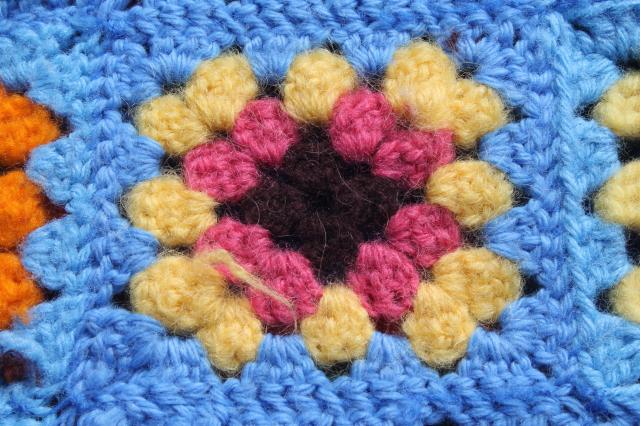 70s vintage granny square crochet afghan blanket, bohemian style w/ riot of different colors!