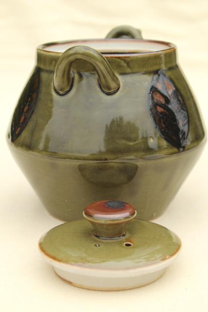 70s vintage green leaves ceramic teapot set, kettle, tea bowl cups, Japan OMC Otagiri?