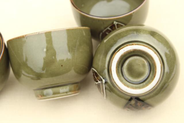 70s vintage green leaves ceramic teapot set, kettle, tea bowl cups, Japan OMC Otagiri?
