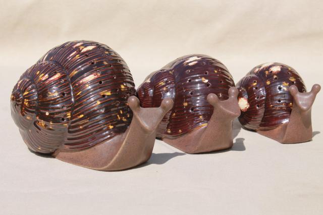 70s vintage handmade ceramic animals, trio of snails, snail family cocktail tidbit holders