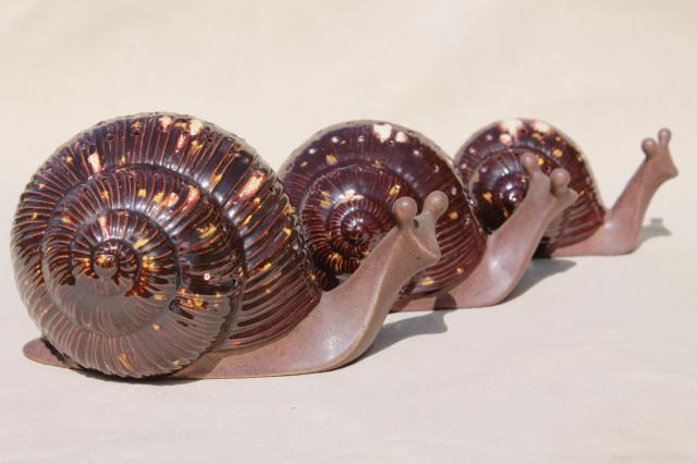 70s vintage handmade ceramic animals, trio of snails, snail family cocktail tidbit holders