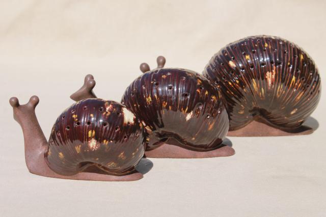 70s vintage handmade ceramic animals, trio of snails, snail family cocktail tidbit holders