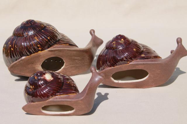 70s vintage handmade ceramic animals, trio of snails, snail family cocktail tidbit holders