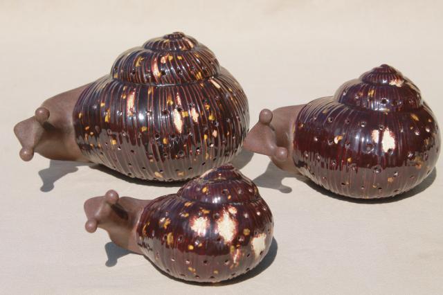 70s vintage handmade ceramic animals, trio of snails, snail family cocktail tidbit holders