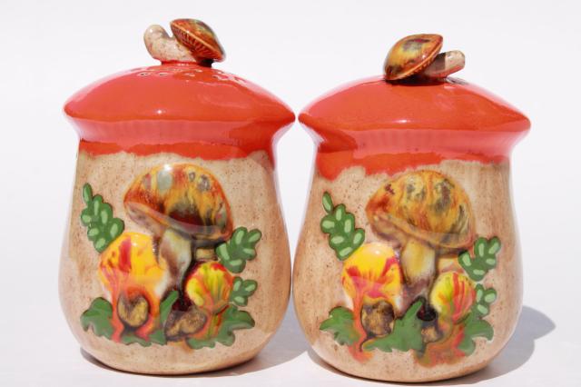 70s vintage handmade ceramic mushroom S&P set, magic mushrooms orange toadstool shakers