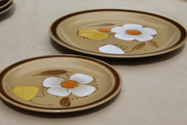 70s vintage heavy stoneware pottery dishes, plates w/ mod flowers ...