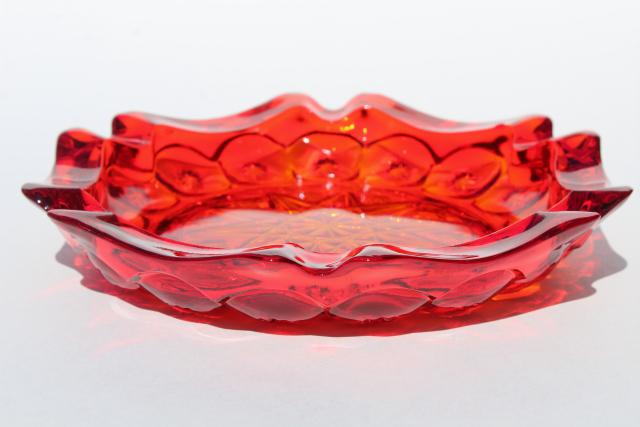 70s vintage huge heavy glass ashtray, amberina red orange glass, moon & stars pattern