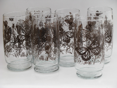 70s vintage iced tea or cooler glasses, butterfly print on clear glass