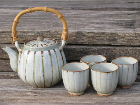 70s vintage Japan stoneware tea set, rattan handle teapot and glasses