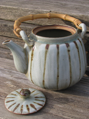 70s vintage Japan stoneware tea set, rattan handle teapot and glasses