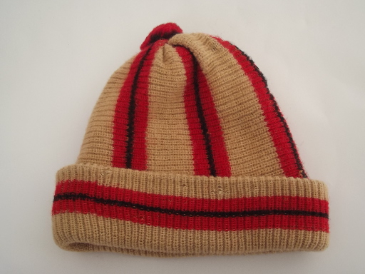 70s vintage knit hats, pom pom ski caps with retro stripes