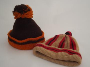 70s vintage knit hats, pom pom ski caps with retro stripes