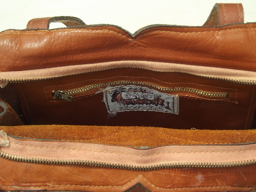 70s vintage leather purse, retro hippie shoulder bag / zip top tote