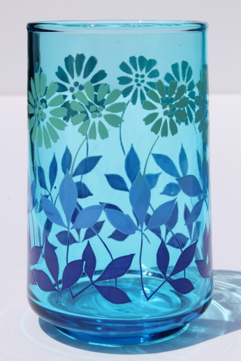 70s vintage Libbey juice glasses set of 12, retro blue fade color w/ daisy print