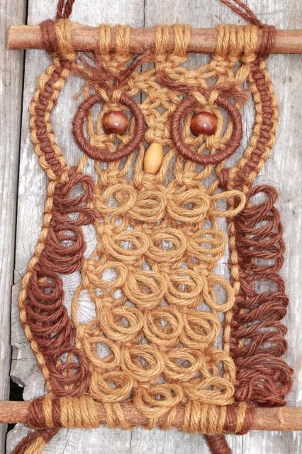 70s vintage macrame owl wall hanging art, rustic handcraft hippie decor rope owl
