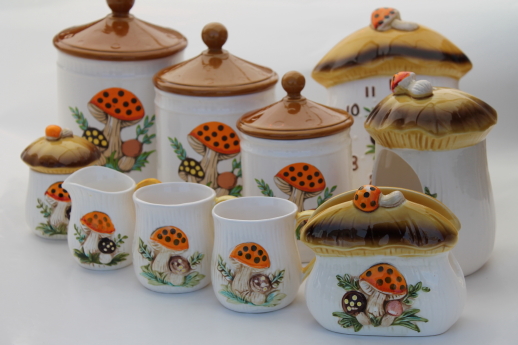 70s vintage Merry Mushrooms lot Sears ceramic kitchen clock, canisters, mugs etc..