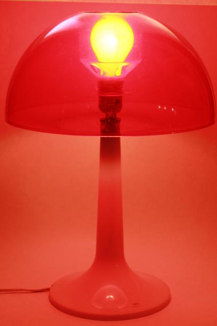 70s vintage mod plastic mushroom lamp white w/ red shade, mid-century modern design