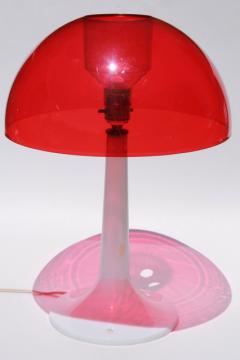 70s vintage mod plastic mushroom lamp white w/ red shade, mid-century modern design