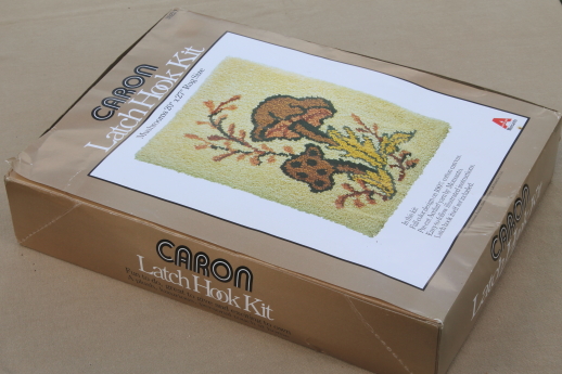 70s vintage Caron sealed latch hook rug kit, yarn & print canvas butterfly  & flowers